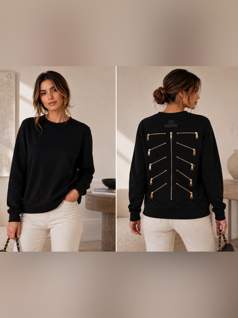 Love Moschino Black Sweatshirt with Gold Zipper Accents | Size 40 US 4